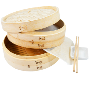 10 inch Bamboo Steamer Basket 2 Tier Food Steamer with 2 Sets of Chopsticks