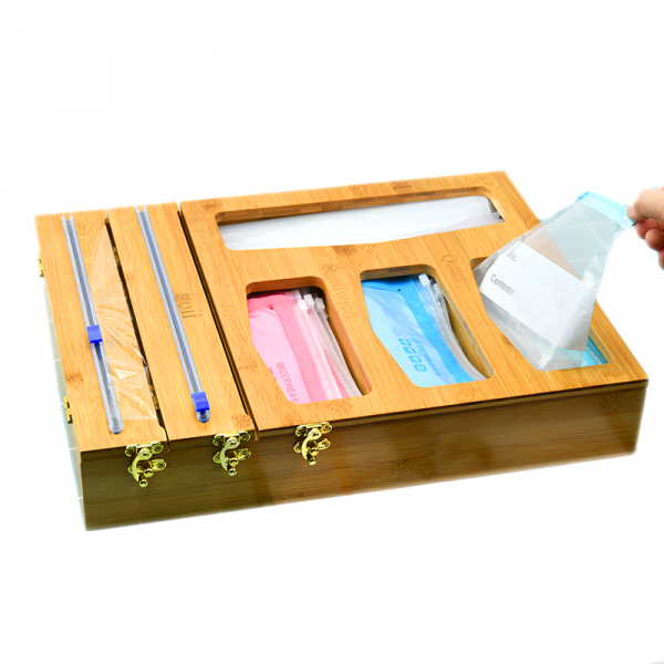 Kitchen Wooden Drawer Organizers With Plastic Foil Wrap Dispenser Holder Bamboo Ziplock Bag Storage Organizer