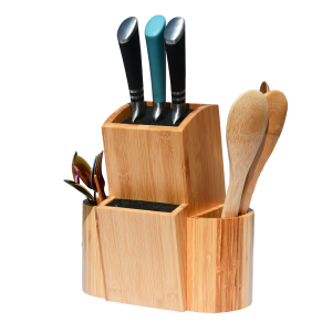 Bamboo Universal Knife Block Two-Tiered Slot-Less Wooden Knife Stand with Magnet Holder