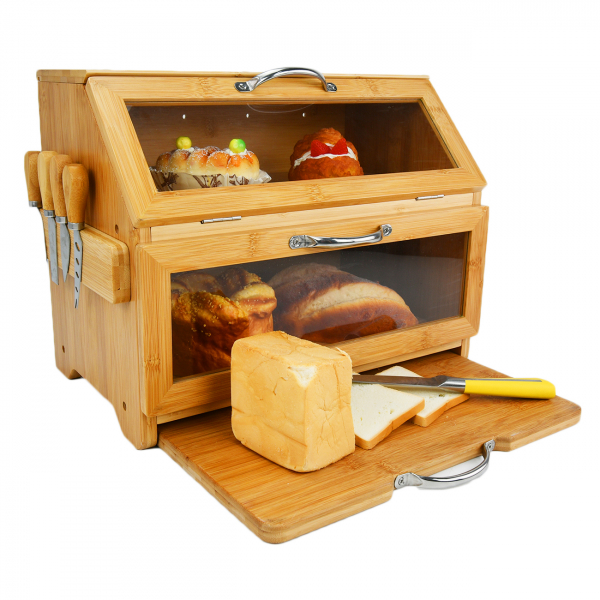 Wholesale High Quality Wood Bamboo Bread Boxes with Cutting Board Lid Easy-opening Food Storage Container