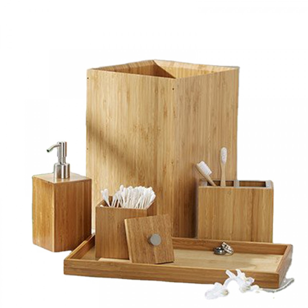 Eco-friendly Bamboo 5 Piece Bath & Vanity Set, Waste Bin, Soap/Lotion Dispenser, Cotton Box, Hand Towel Tray, Toothbrush H