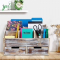 Wholesale 100% Natural 6 Compartments And 2 Drawers Rustic Wood Office Foldable Desk Organizer For Accessories