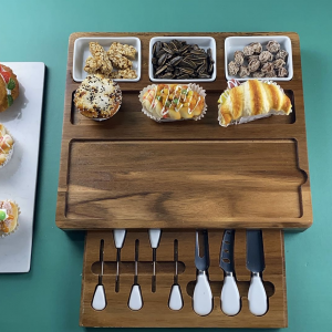 Serving Platter Acacia Wood Cheese Board With Slide-Out Drawer