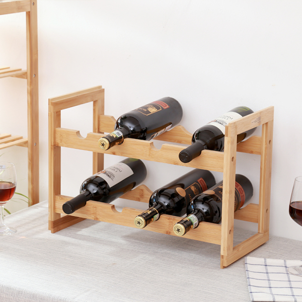 Wine Rack Free Standing 8 Bottle Holder 2 Tier Bamboo Countertop Cabinet Bottle Storage Shelf for Kitchen,Bar, Pantry