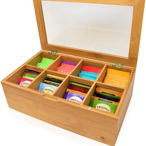 Custom Tea Bag Storage Organizer Bamboo Pantry Tea Organizer with Clear Window top