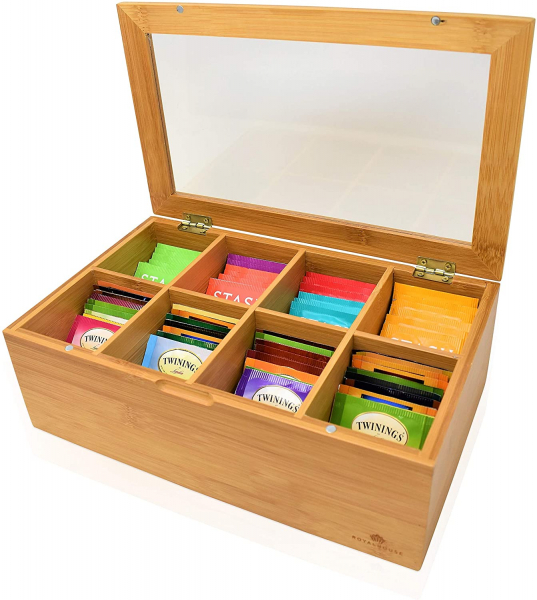 Custom Tea Bag Storage Organizer Bamboo Pantry Tea Organizer with Clear Window top