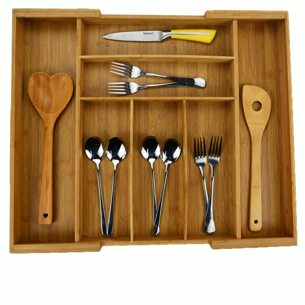 Bamboo Expandable Cutlery Tray -Silverware & Drawer Organizer-8 Compartment