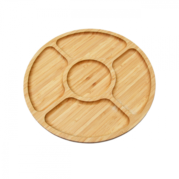 Divided High Quality Bamboo Acacia Wood Wedding Party Round Food Dish 5 Compartments Dinner Plate 25cm