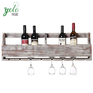 Wholesale Rustic Wood  Distressed Gray Barnwood Wall Mounted Wine Rack,  Stemware Display Shelf